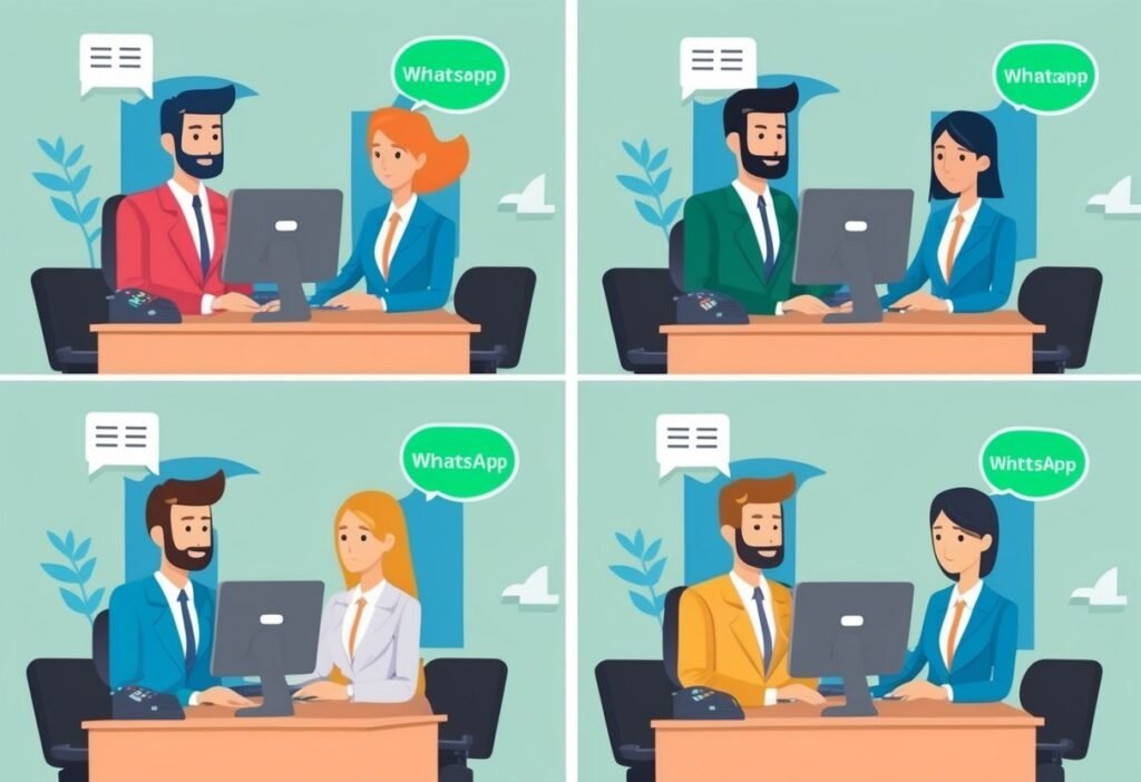 Four panels with pairs of agents at desks with computers and a WhatsApp bubble, illustrating team setup
