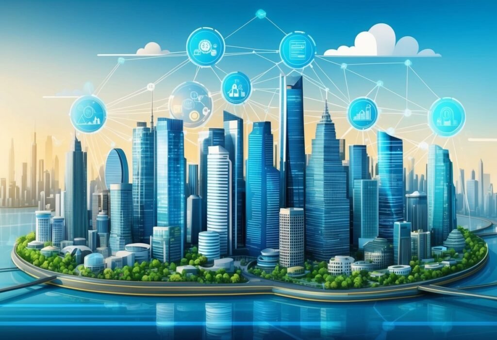 Modern waterfront city with connected digital icons in the sky, illustrating the AI agent ecosystem