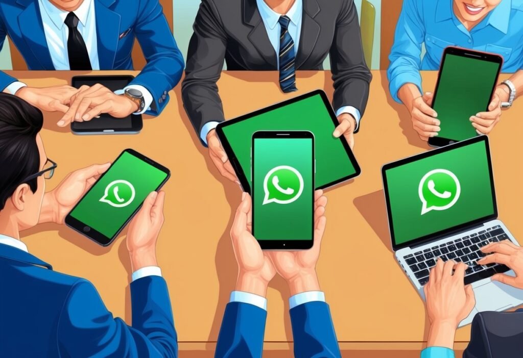 Professionals at a table holding phones, a tablet, and a laptop with the WhatsApp logo, illustrating customer service