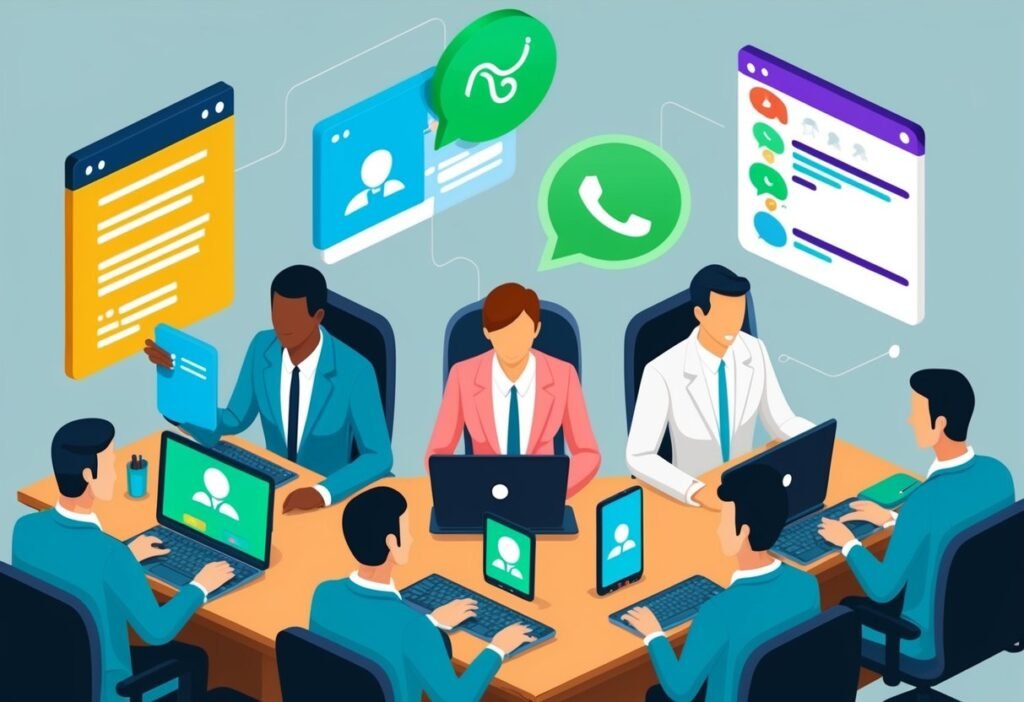 Team at a table with laptops and tablets showing system screens, with a WhatsApp icon in the background, illustrating CRM integration