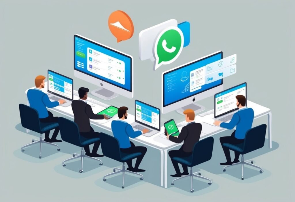 Team at workstations with dashboard monitors and a WhatsApp icon above, illustrating customer service metrics