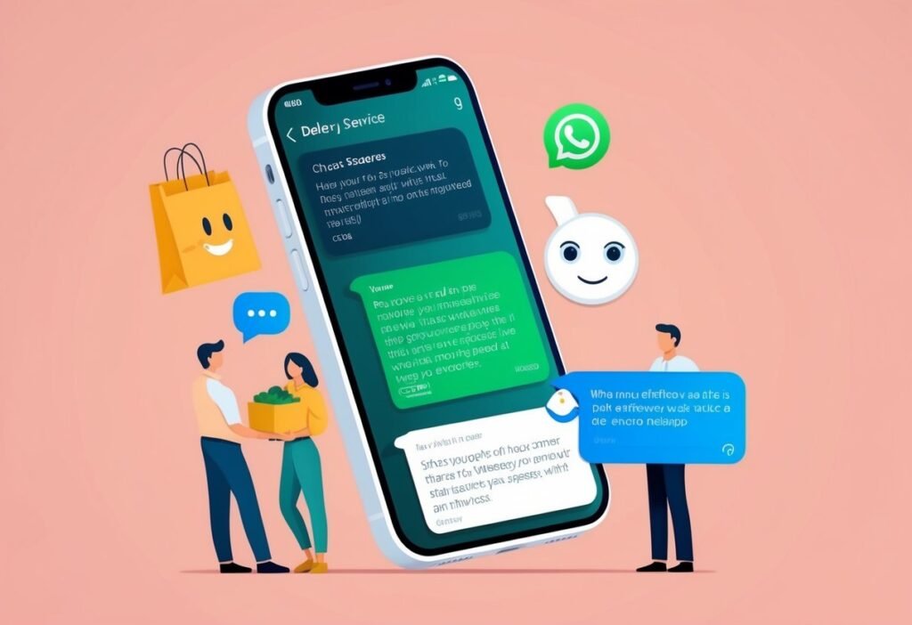 Couple with a shopping bag next to a smartphone with a delivery chat, illustrating engagement and loyalty