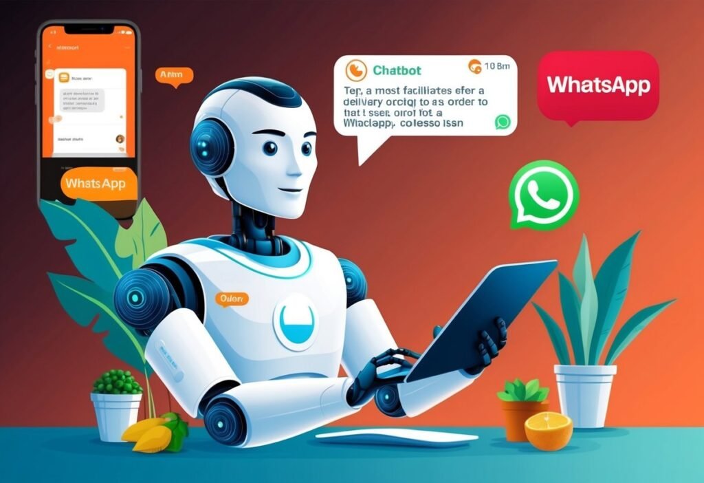 Robot using a tablet next to chat bubbles and the WhatsApp logo, illustrating delivery chatbot features