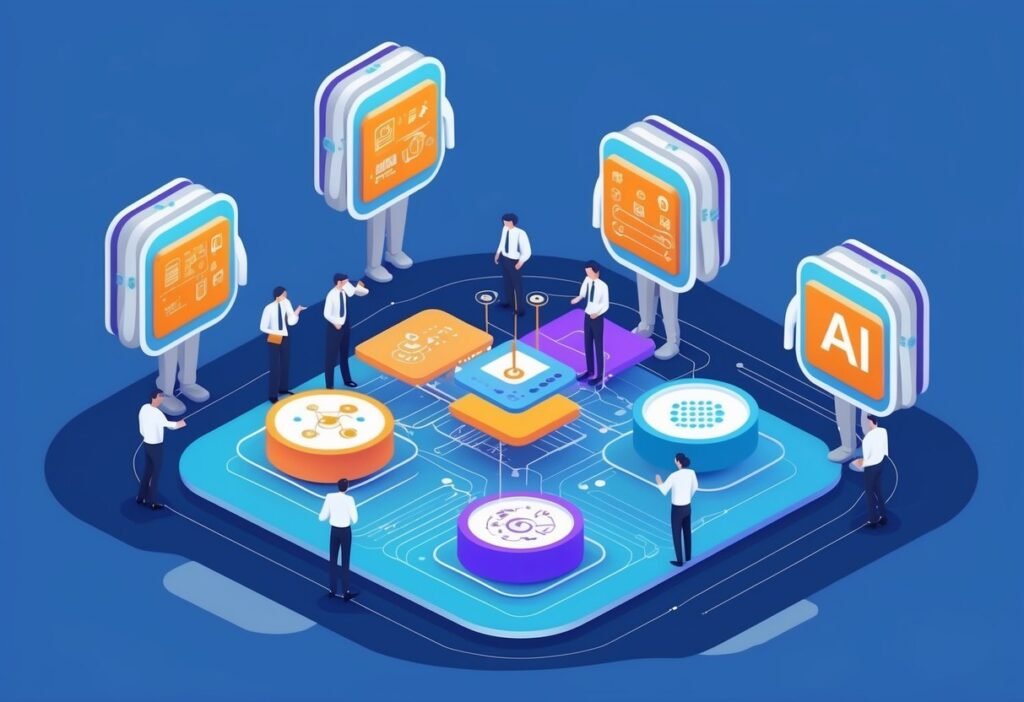 Isometric platform with people and connected AI panels, representing the fundamentals of vertical AI agents