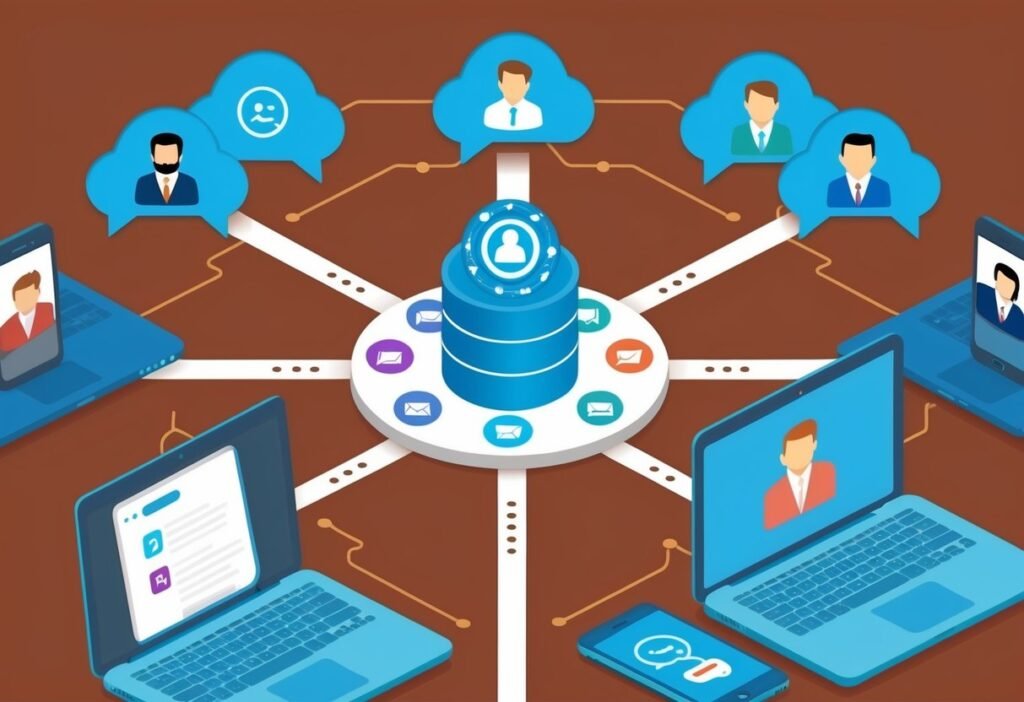 Central data hub connected to laptops, a phone, and agent profiles, illustrating centralized conversations