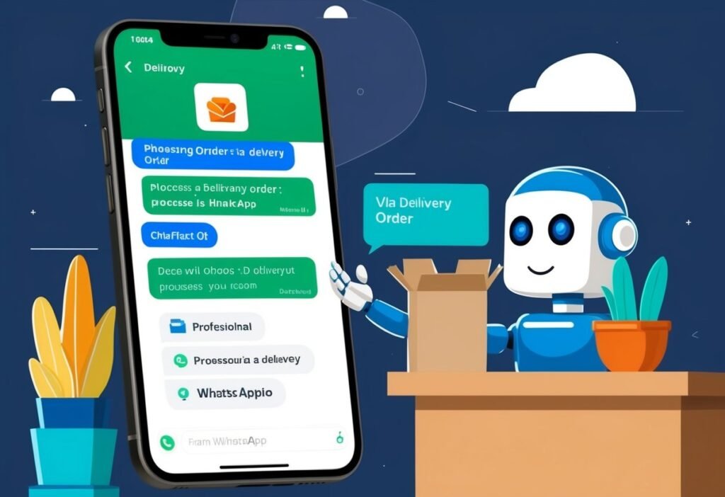 Smartphone with a delivery order on WhatsApp and a robot with a headset next to a box, illustrating AI in food delivery