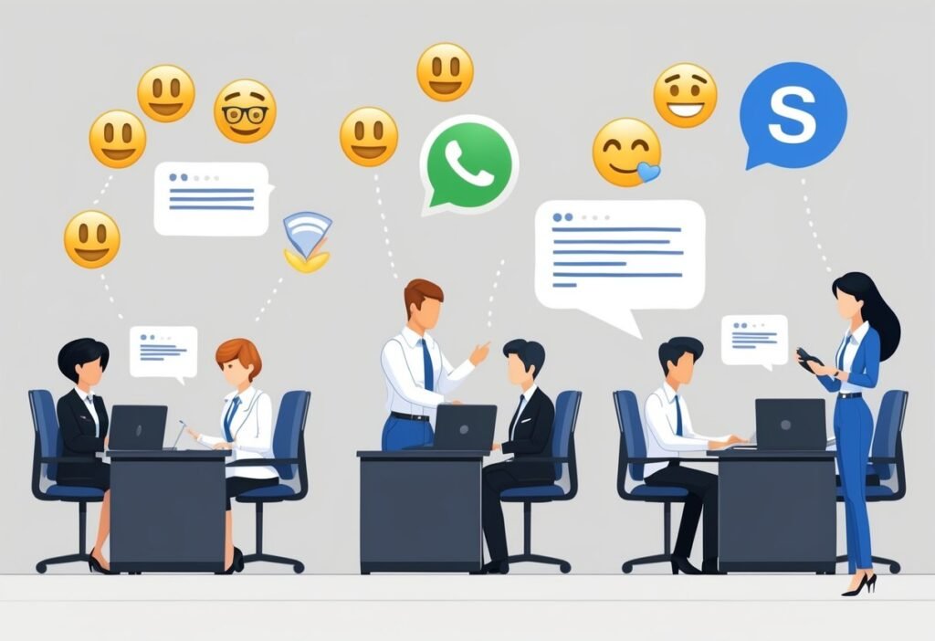 Vários agentes de atendimento ao cliente no Whatsapp, cada um em sua própria mesa, assistindo clientes com balões de texto e emojis acima de suas cabeças.