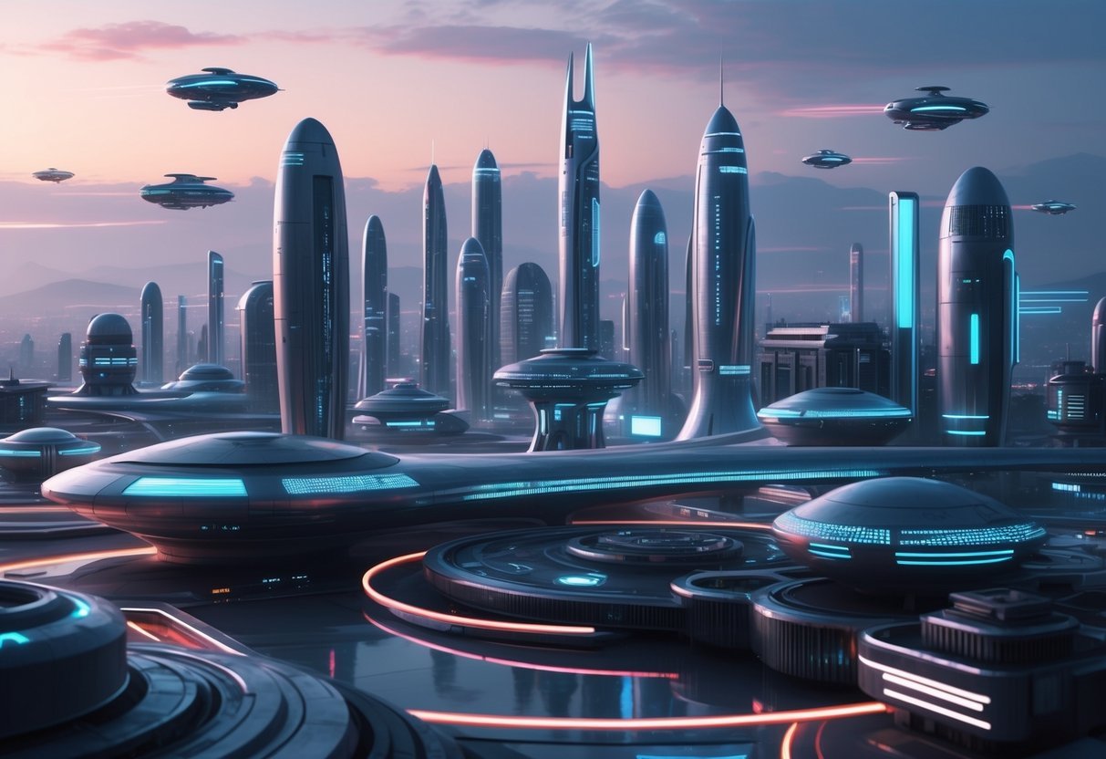 Uma paisagem urbana futurista com edifícios metálicos elegantes e veículos voadores, iluminados por luzes de néon, criados por inteligência artificial.