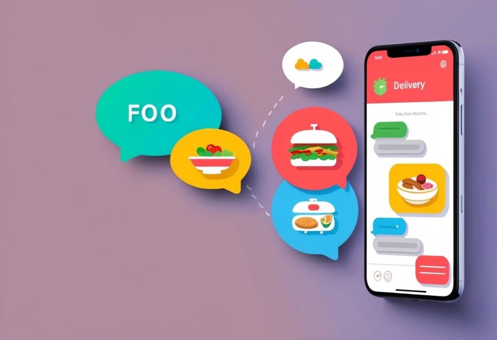Smartphone with a delivery chat and bubbles with floating food icons, illustrating chatbot rollout