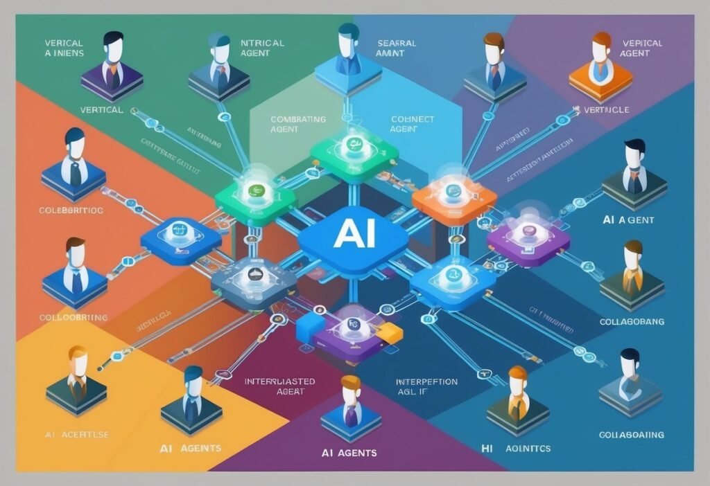 Colorful diagram with agent figures connected to an AI core, illustrating integration and interoperability
