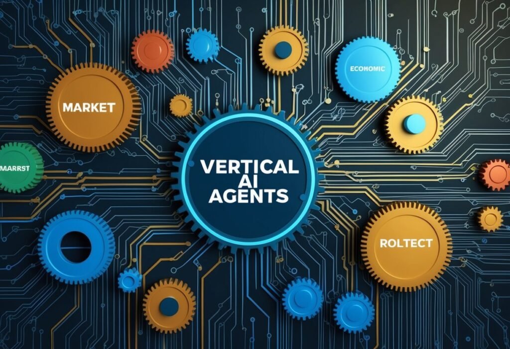 Colorful gears on a circuit board with the words Vertical AI Agents in the center, illustrating market aspects