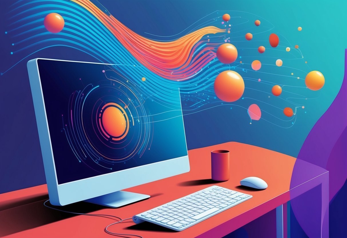 Computador sobre mesa emitindo ondas e formas abstratas coloridas, representando inteligência artificial generativa