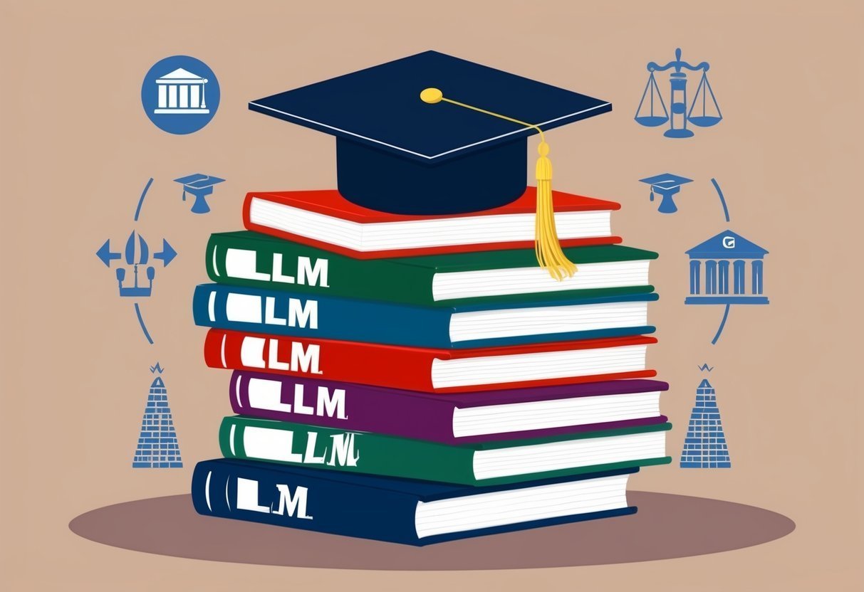 Pilha de livros com a sigla LLM nas lombadas, capelo de formatura e ícones acadêmicos ao redor