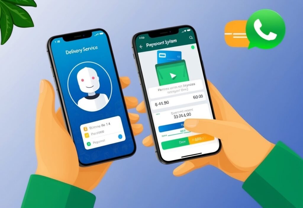 Hands holding two smartphones, one with a delivery robot and the other with a payment screen, illustrating integration