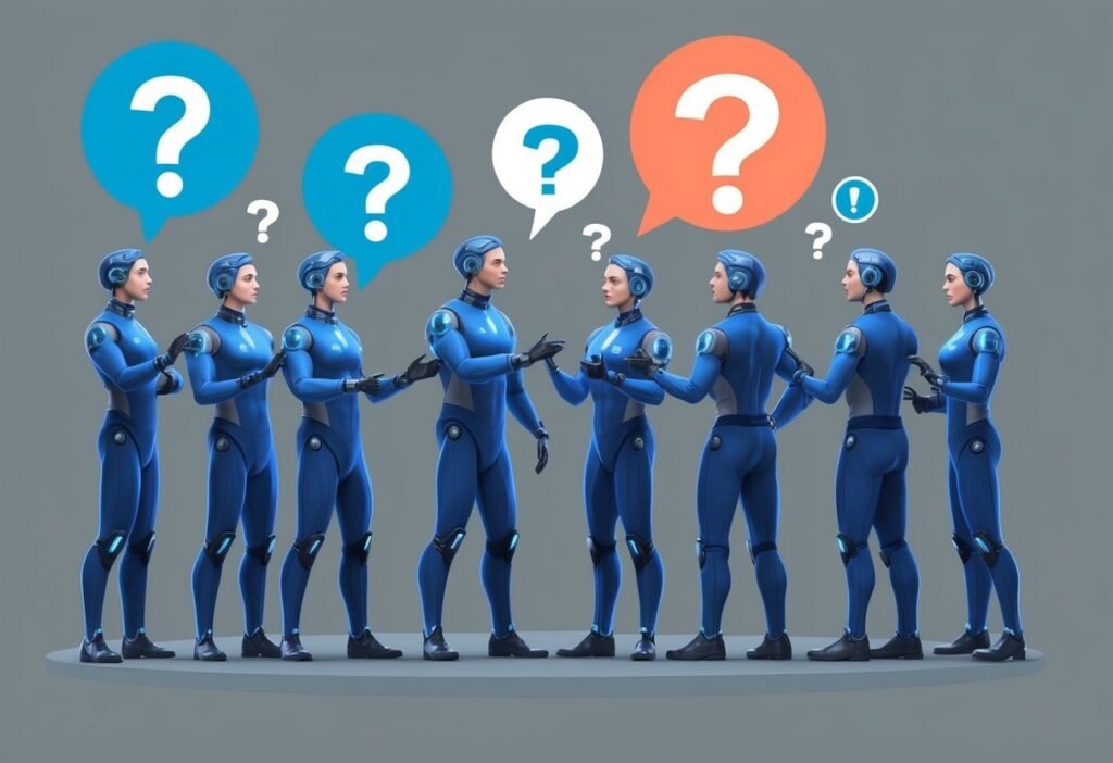 Group of humanoid figures in blue uniforms with question-mark balloons overhead, illustrating questions about AI agents