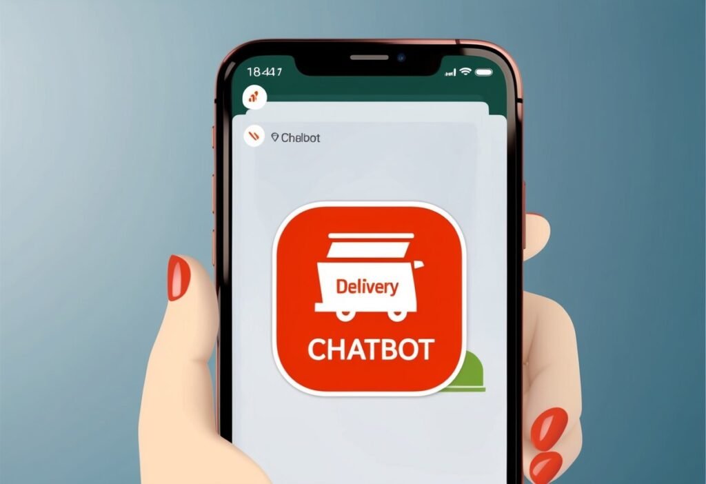Hand holding a smartphone with a red delivery chatbot icon on the screen, illustrating common questions