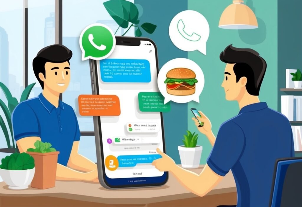 Two men talking next to a giant smartphone with a chat and a burger, illustrating personalized delivery