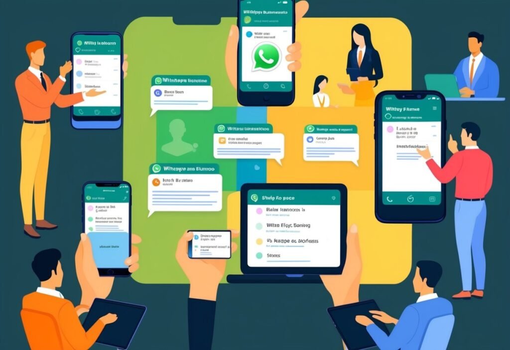 People using phones and tablets with chat screens on a colorful panel, illustrating WhatsApp Business and its API
