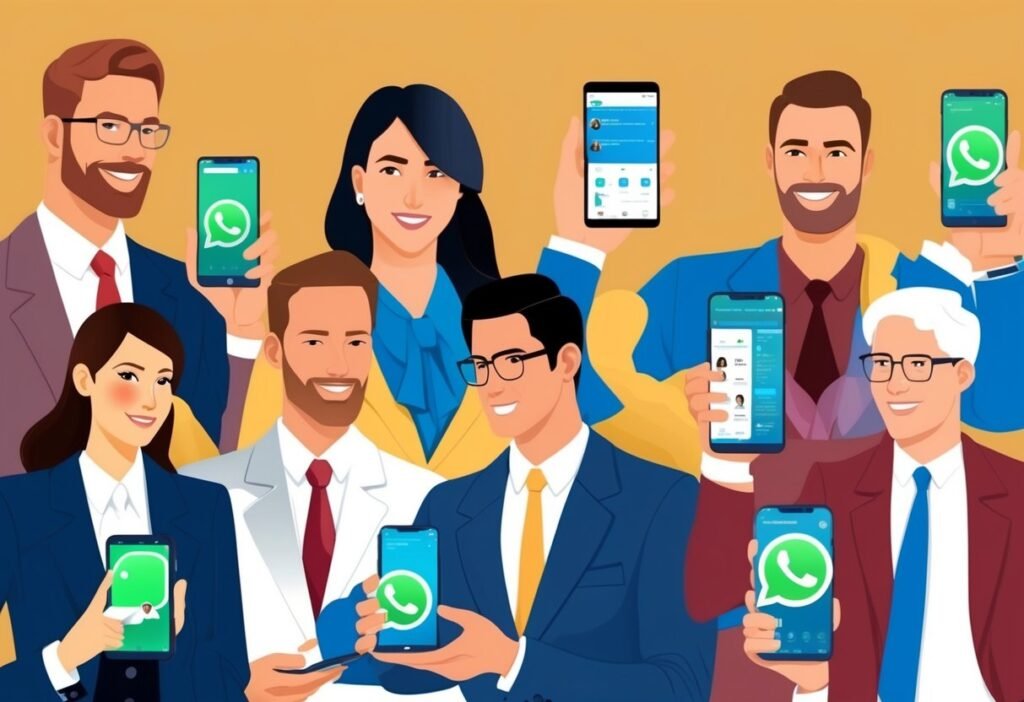 Group of well-dressed professionals holding phones with WhatsApp, symbolizing credibility in customer service