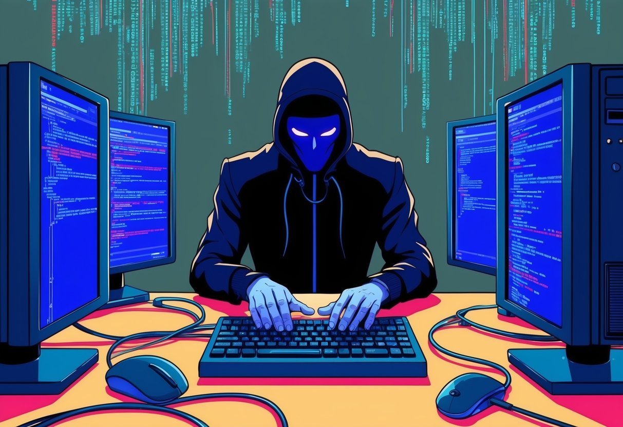 Figura encapuzada digitando entre monitores com linhas de código, representando riscos de prompt hacking