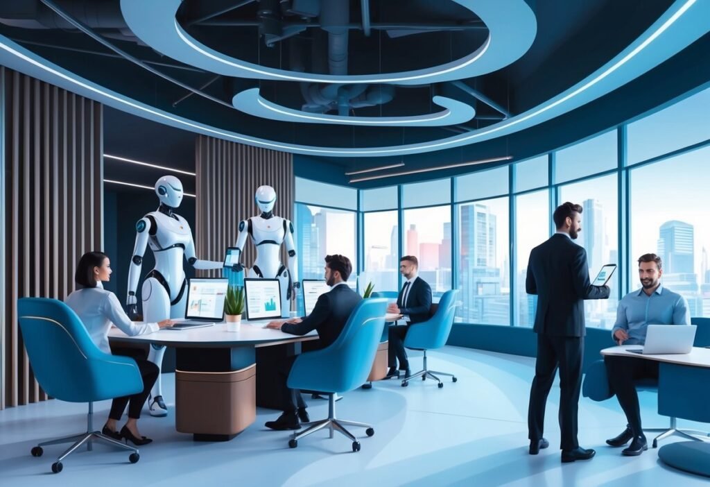 Futuristic office with humanoid robots and professionals in a meeting, illustrating AI agents in recruiting and HR