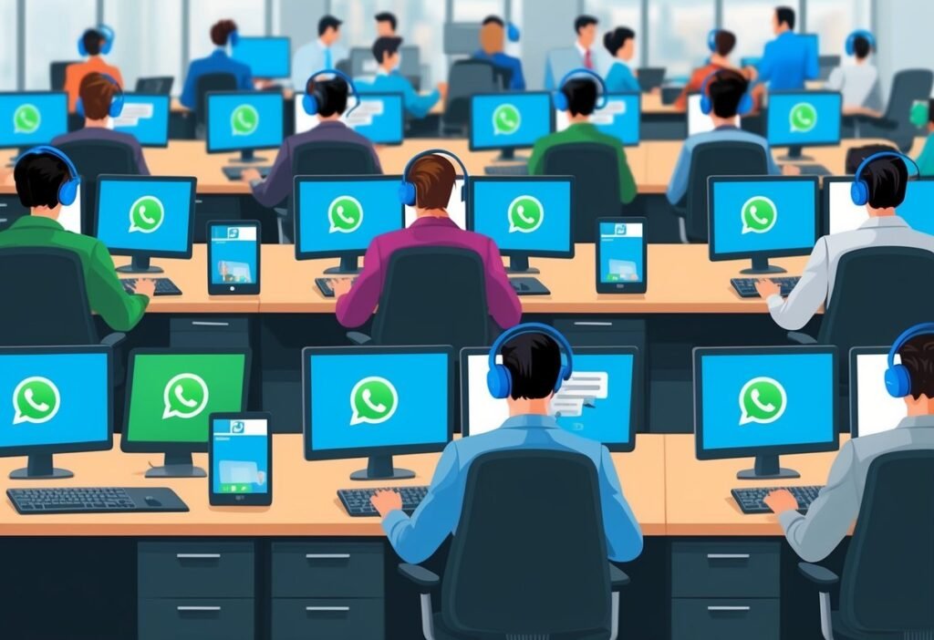 Room with rows of agents wearing headsets in front of monitors showing the WhatsApp logo