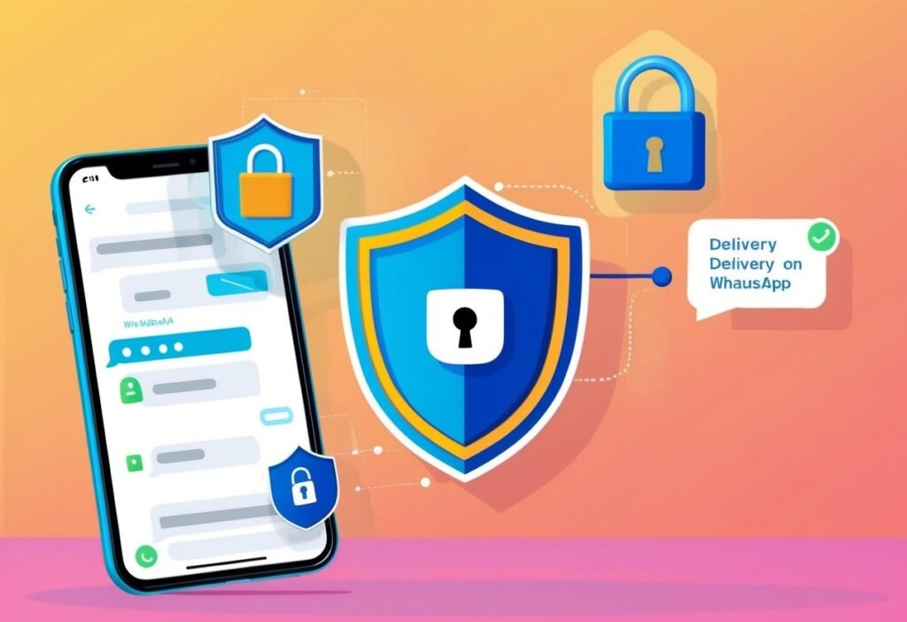 Smartphone with a shield and padlocks next to a WhatsApp delivery bubble, illustrating chatbot security