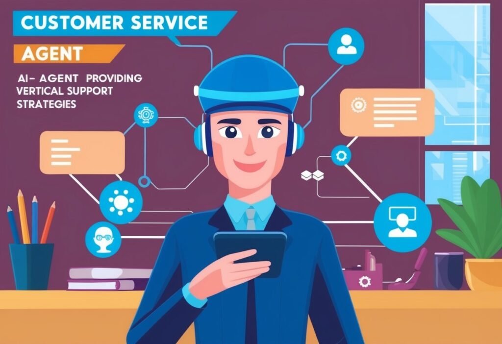 Support agent with a headset and phone in front of support icons, illustrating AI agents in customer service