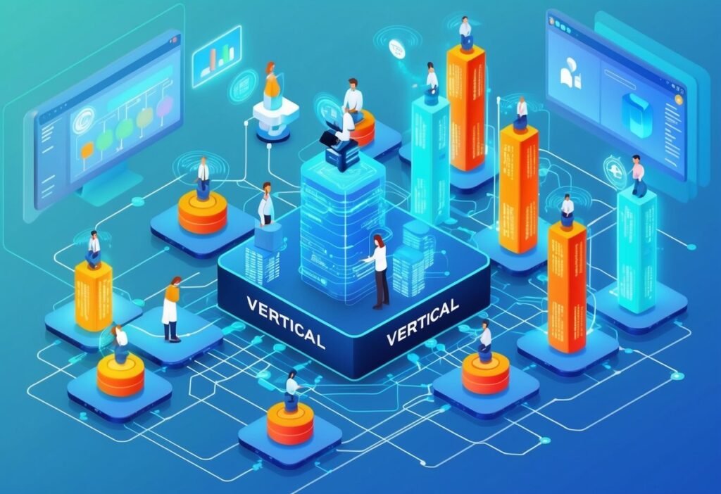 Isometric digital platform with glowing vertical blocks and people, illustrating vertical agent technologies
