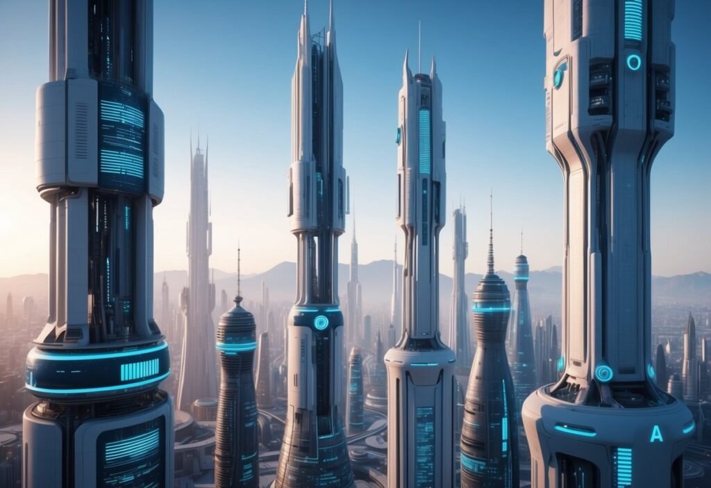 Tall futuristic towers with blue lighting, illustrating the outlook and trends for AI agents