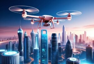 Drone sobrevoando cidade futurista com arranha-céus iluminados, ilustrando tendências de inteligência artificial