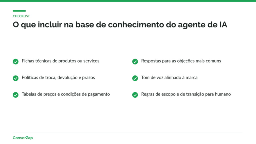 Checklist do que incluir na base de conhecimento e nas diretrizes de um agente de IA para WhatsApp