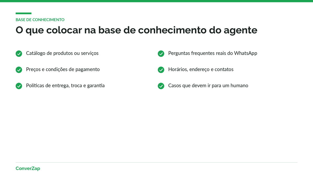 O que colocar na base de conhecimento de um agente de IA para WhatsApp