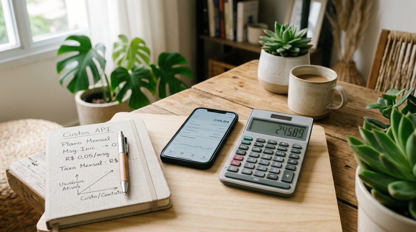 Calculadora e smartphone sobre uma mesa, simbolizando o planejamento de custos da API.