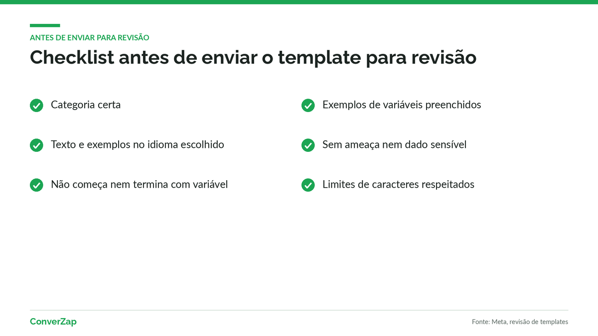 Checklist para aprovar um template WhatsApp antes de enviar para revisão
