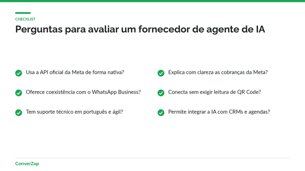 Checklist com perguntas para avaliar fornecedores de plataforma de agente de IA para WhatsApp e evitar sinais de alerta