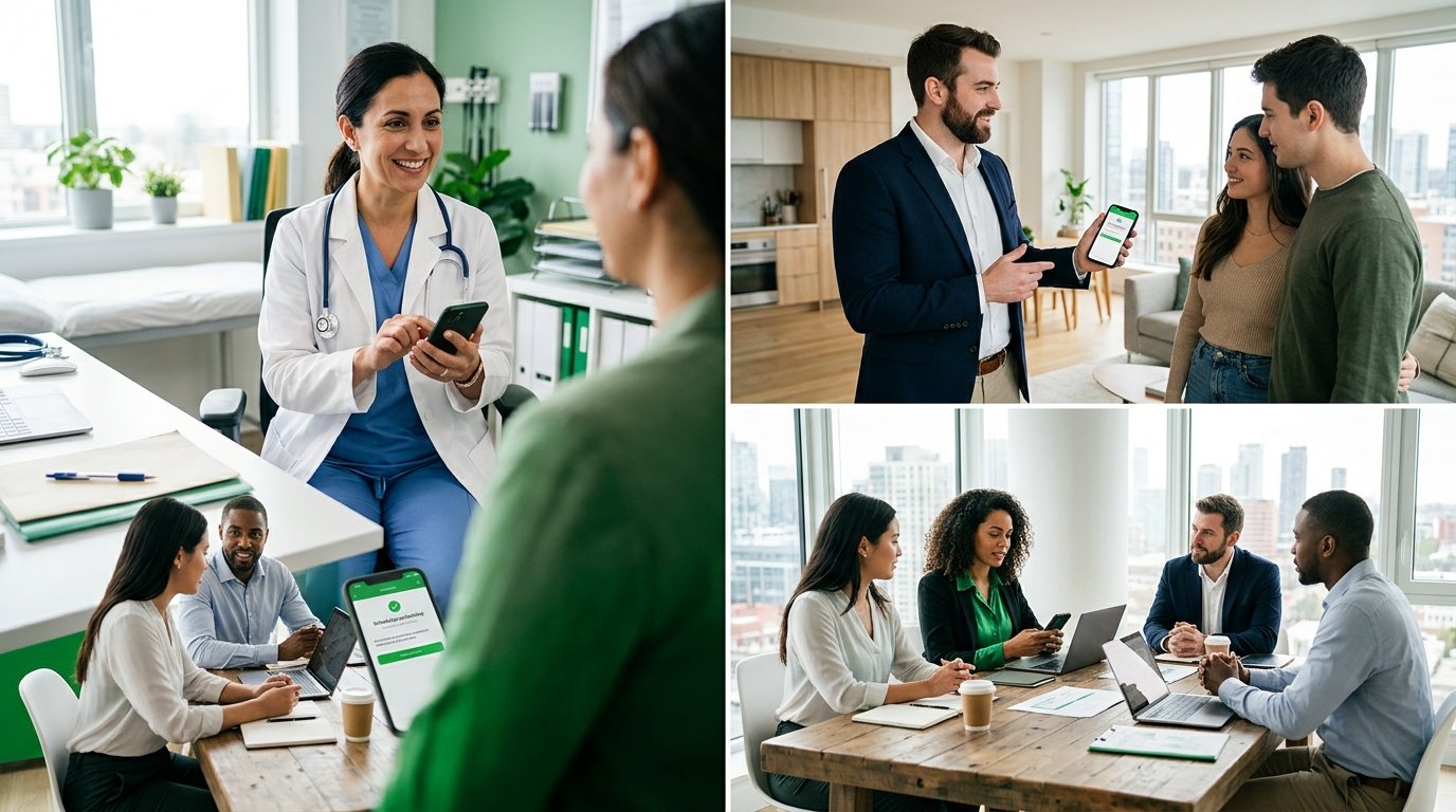 Colagem de imagens mostrando um médico, um corretor de imóveis e uma reunião de negócios