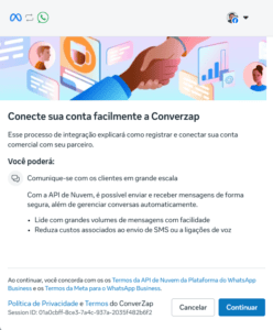 Tela oficial da Meta para conectar o WhatsApp Business à ConverZAP pela API oficial