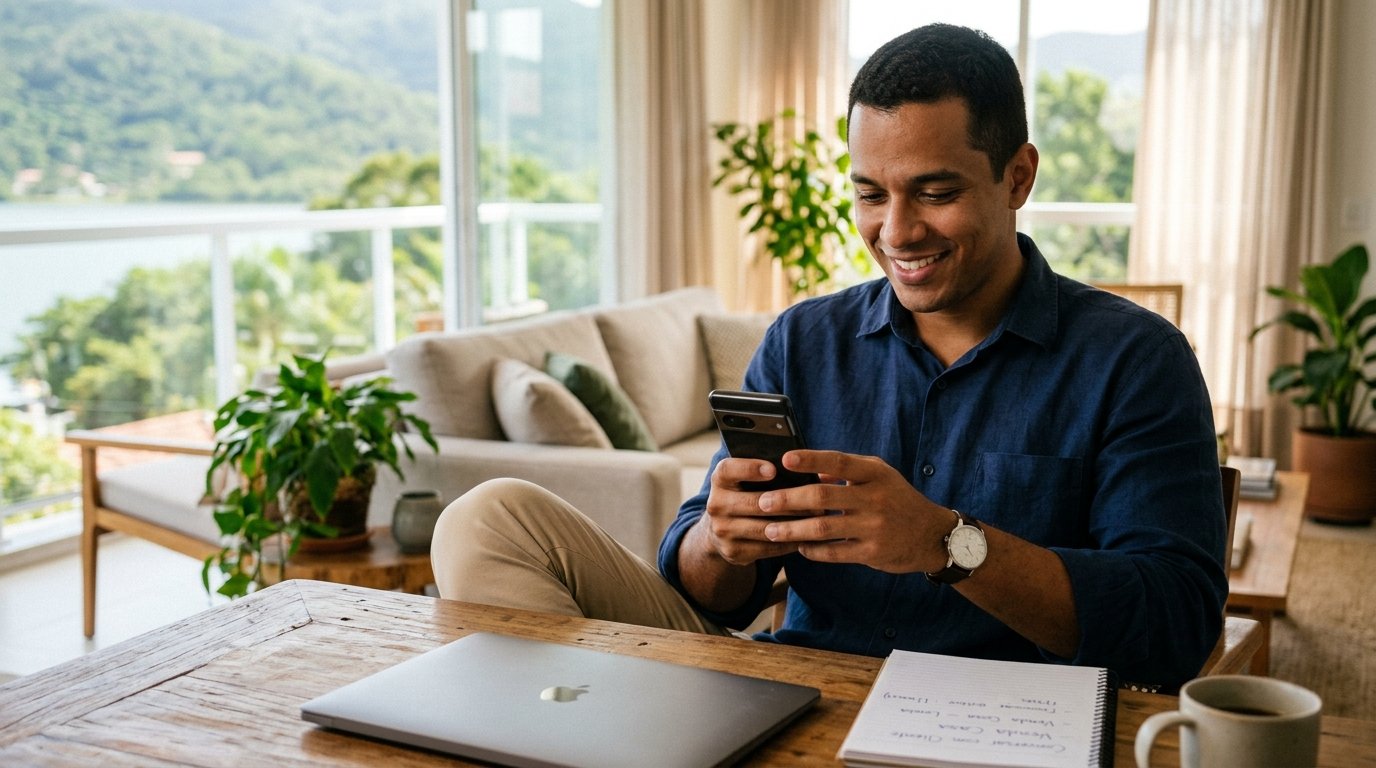 Corretor de imóveis utilizando o celular para enviar mensagens a um cliente
