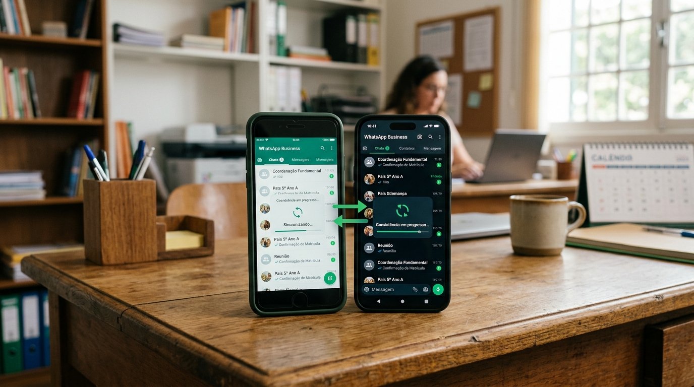 Dois smartphones sincronizando dados para ilustrar coexistência
