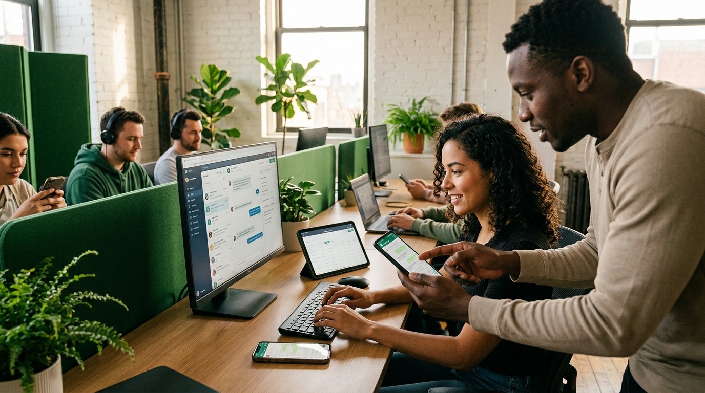 Equipe de atendimento trabalhando simultaneamente em smartphones e computadores