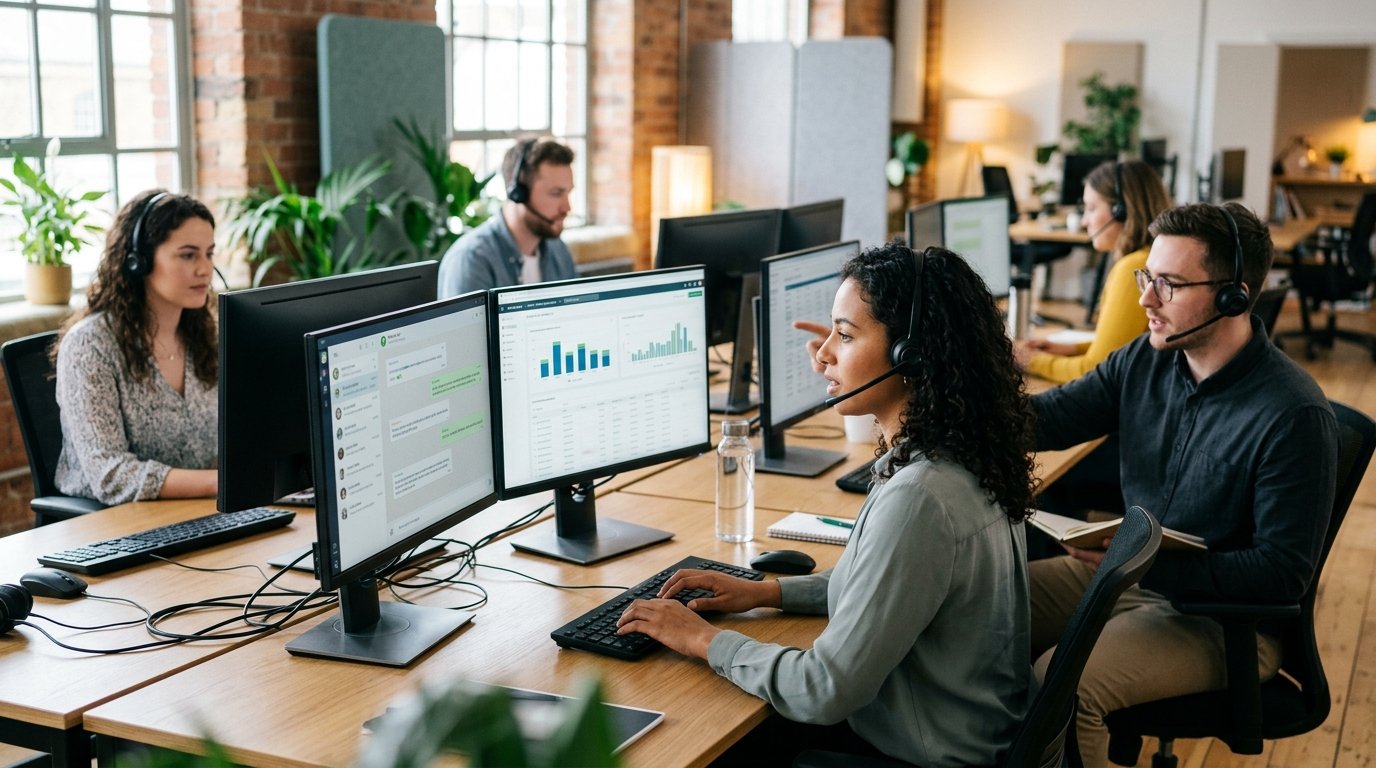Equipe de suporte ao cliente trabalhando em computadores e analisando dados
