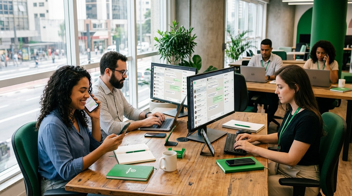 Equipe de vendas utilizando smartphones e computadores para atendimento a clientes.