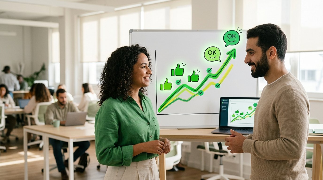 Gráfico ascendente com ícones de aprovação, representando o sucesso no engajamento e aumento de respostas.
