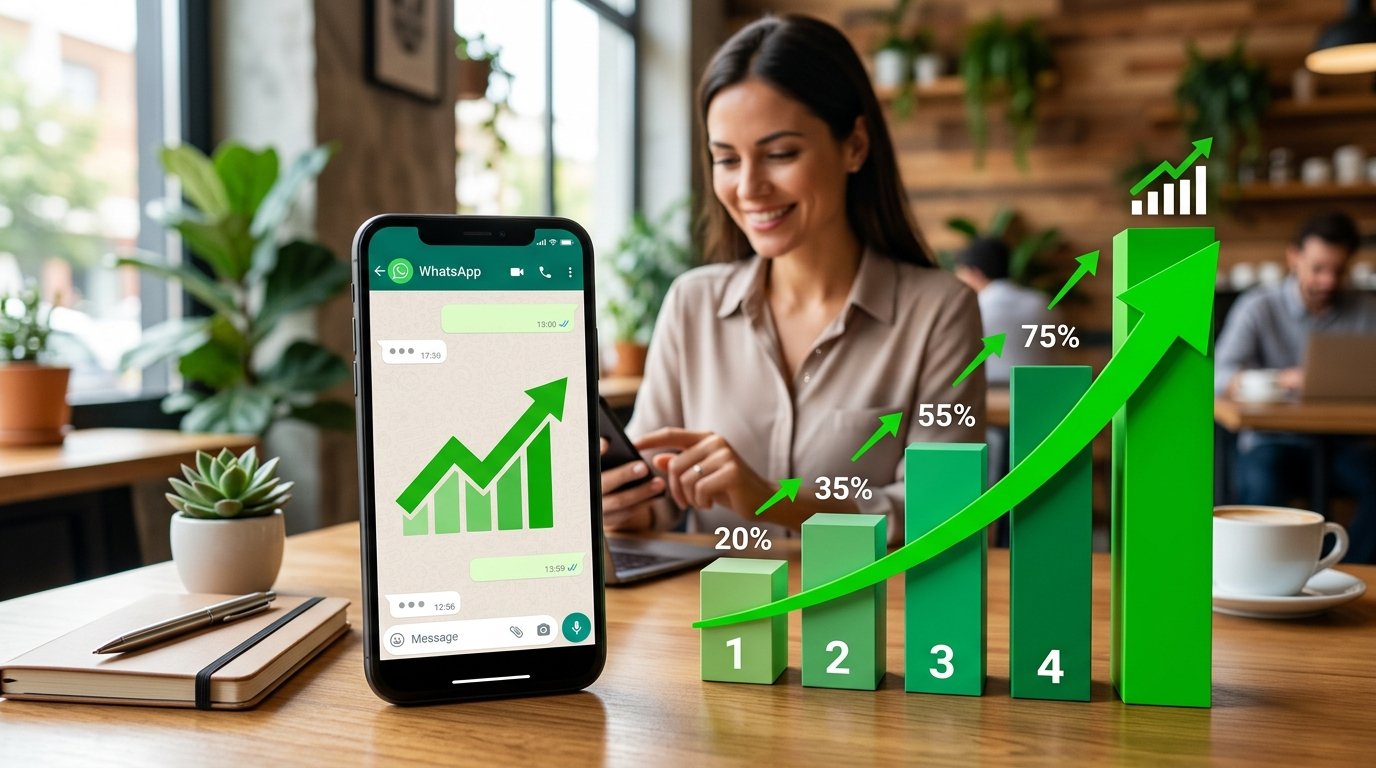 Gráfico de crescimento ao lado de um celular, representando o aumento de vendas com atendimento automatizado.