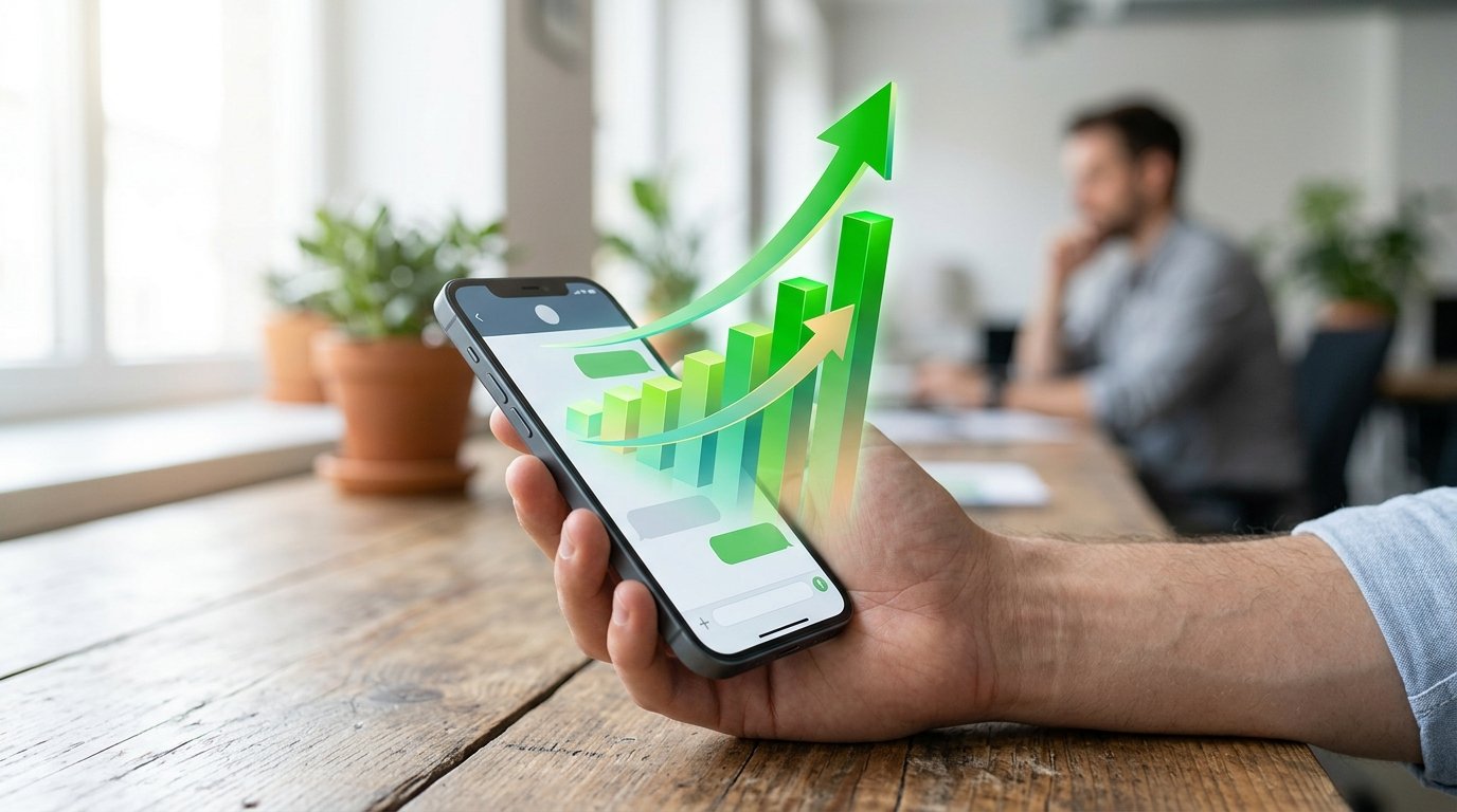 Gráfico de crescimento ascendente saindo da tela de um smartphone corporativo.