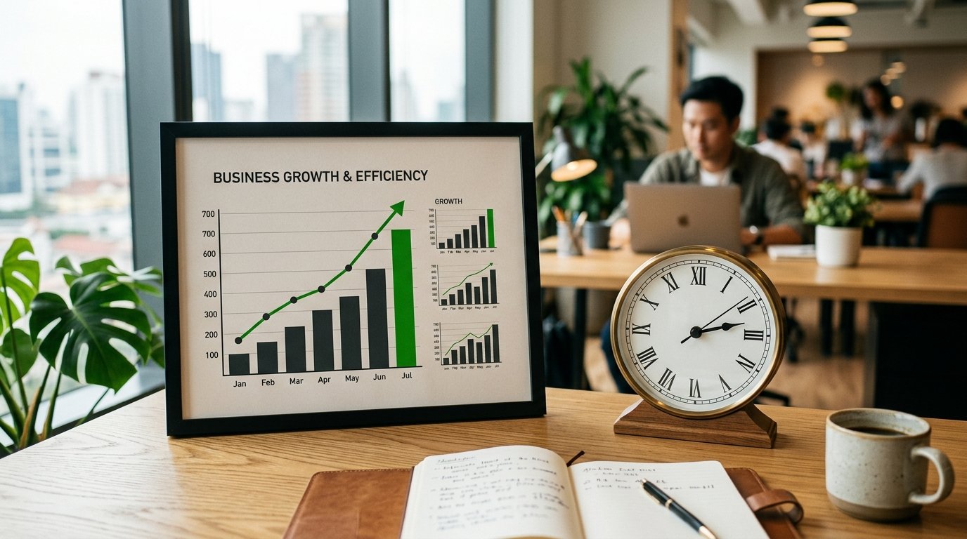 Gráfico de crescimento empresarial ao lado de um relógio, representando eficiência de tempo