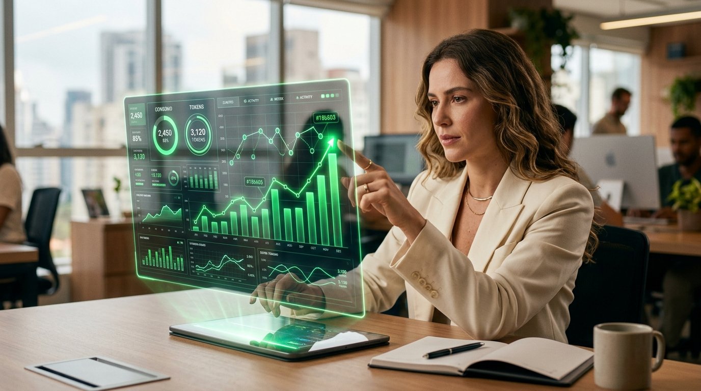 Gráfico financeiro digital representando o consumo de tokens em plataformas de IA