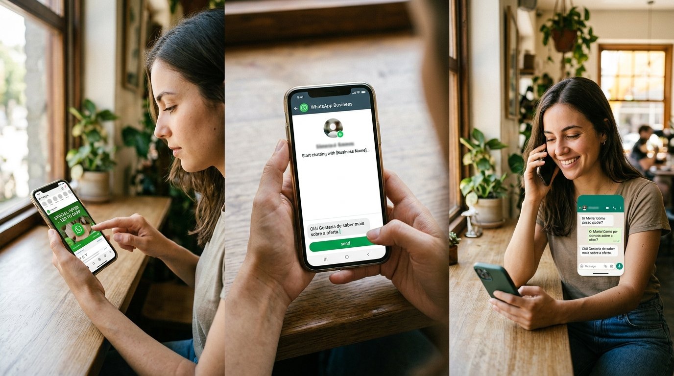 Gráfico mostrando a jornada do cliente desde o clique no anúncio até o início da conversa no WhatsApp.