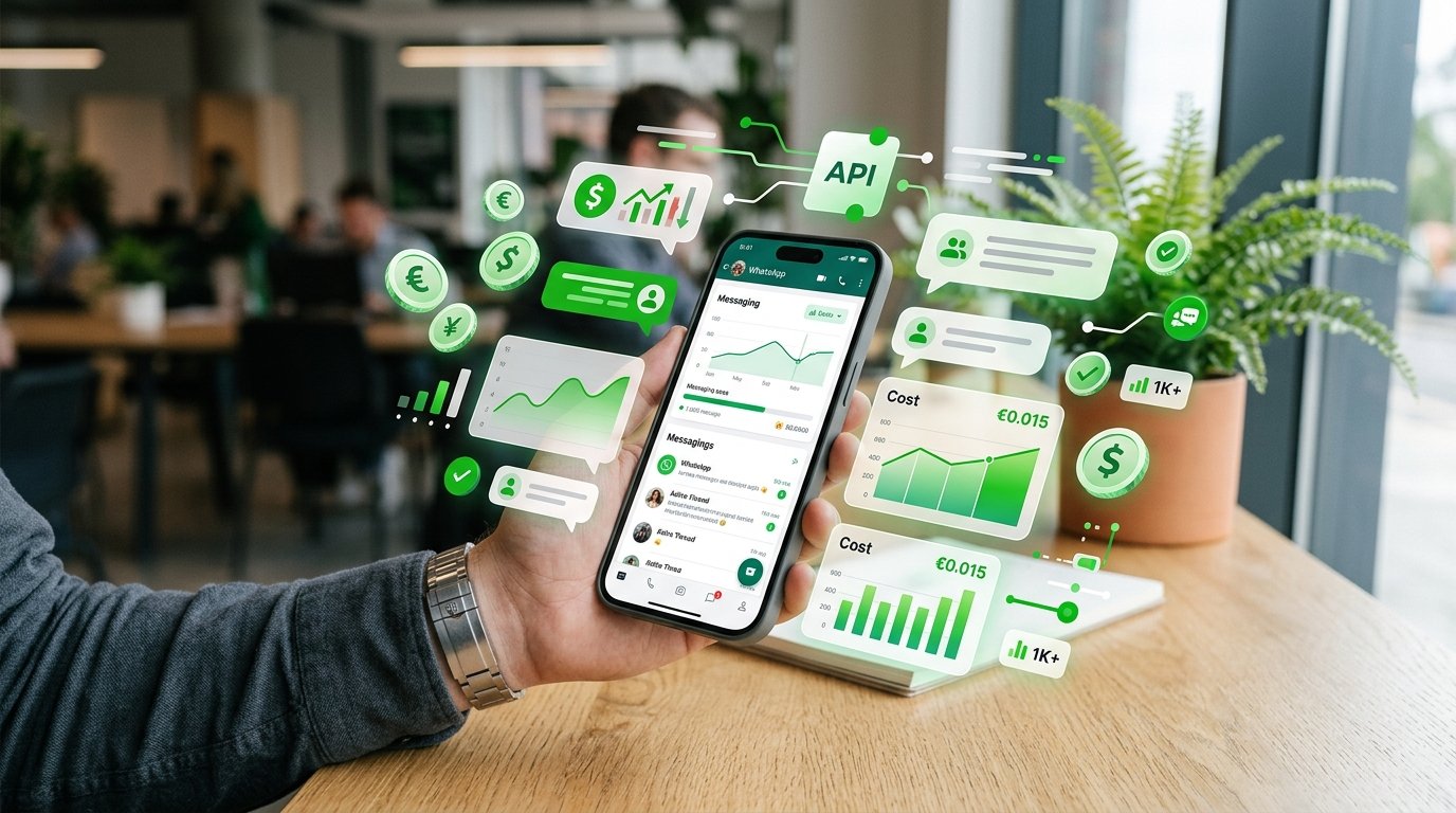 Gráficos e ícones de mensagens flutuando sobre um smartphone, representando custos e dados de API.